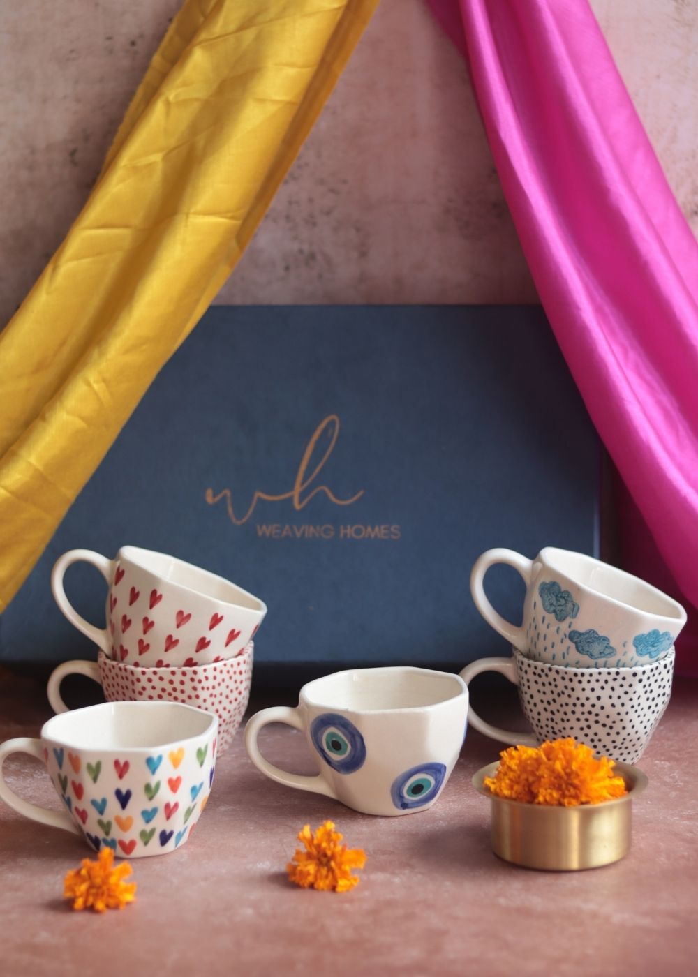 Set of 6 Polka & Heart Bliss Mugs (for the price of 5) Diwali Gift Box premium quality diwali gift hamper