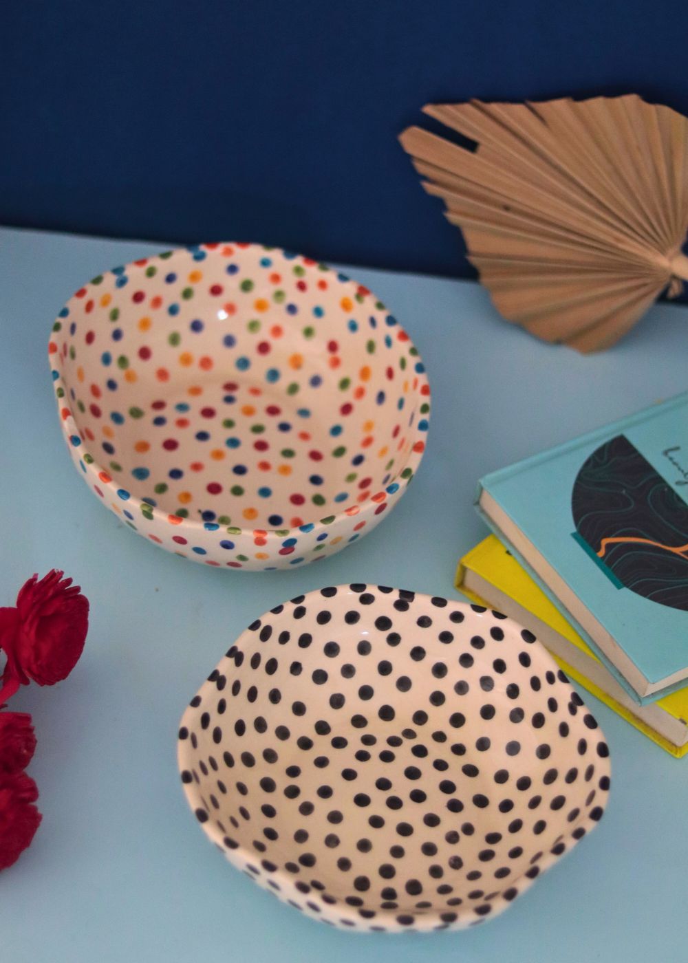 Set of 2 - Colorful & Black Polka Bowls made by ceramic