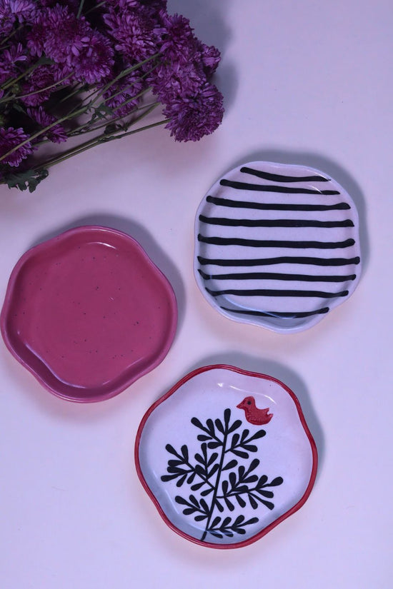 Birdie, Roses & Salmon Pink Handmade Dessert Plate - Set of 3 with premium quality material