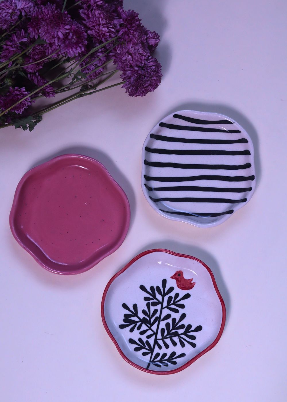 Birdie, Roses & Salmon Pink Handmade Dessert Plate - Set of 3 with premium quality material