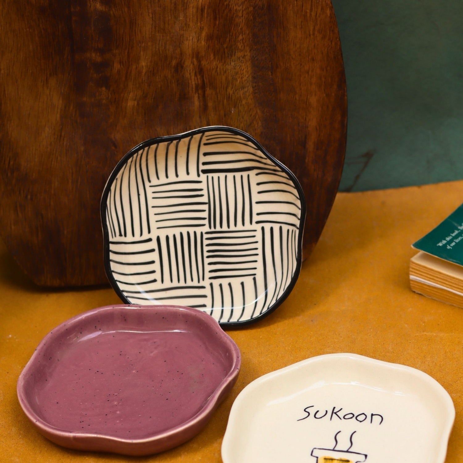 All lines, Sukoon & Lavender Handmade Dessert Plate - Set of 3 made by ceramic