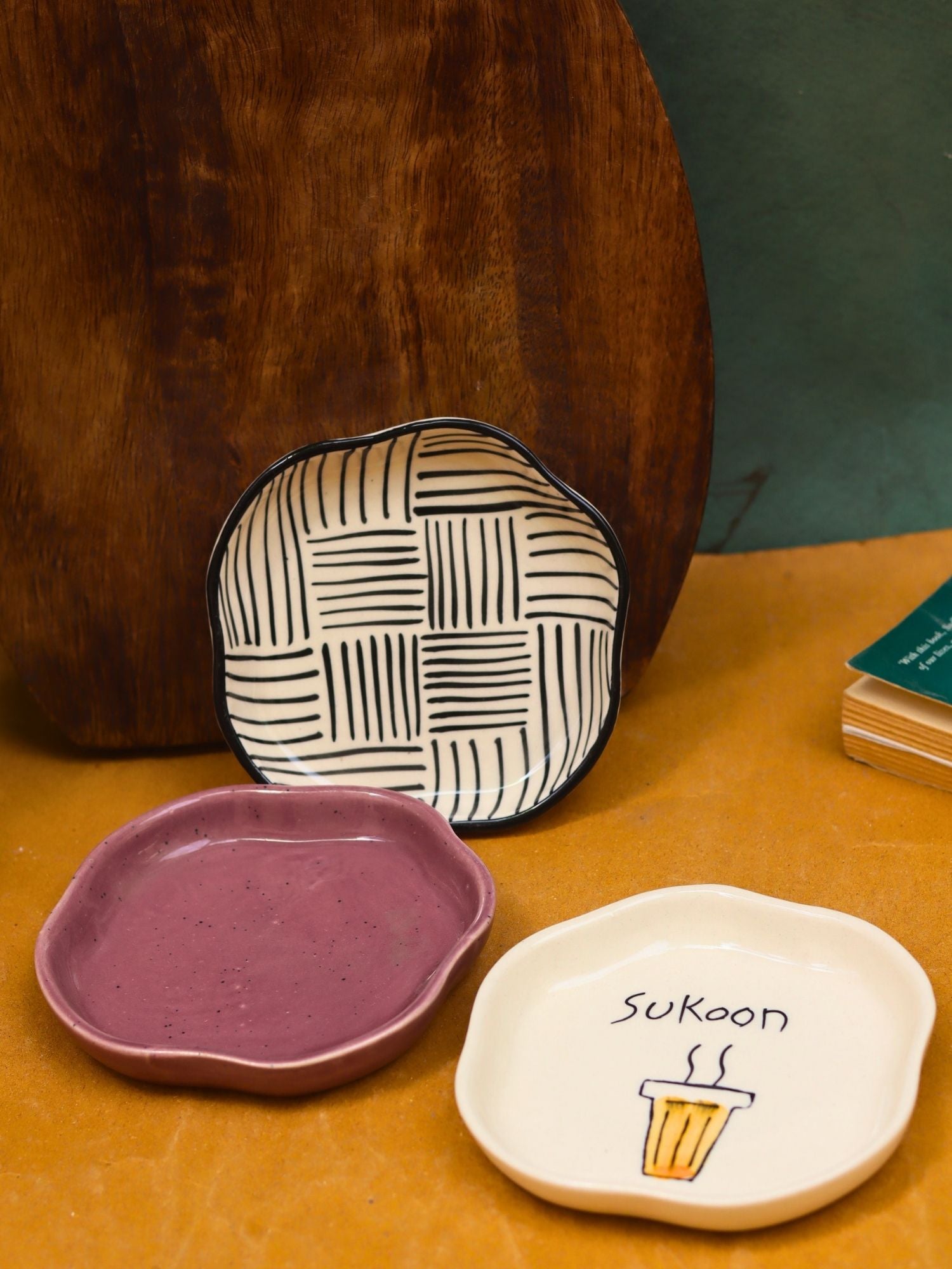 All lines, Sukoon & Lavender Handmade Dessert Plate - Set of 3 made by ceramic