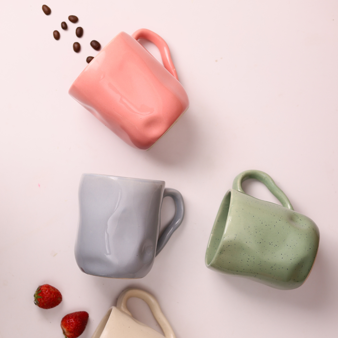 handmade pink, green & grey wavy mug\