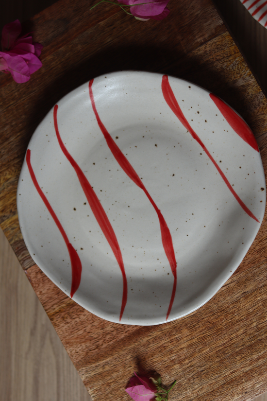 Red abstract line plate handmade ceramic 