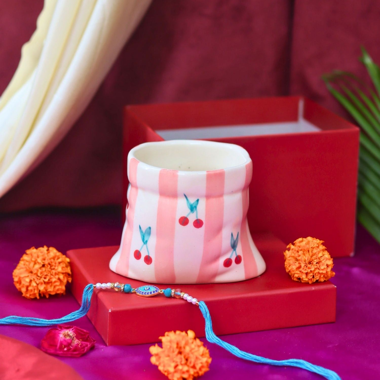 Striped Pouch Mug Rakhi gift box handmade in india