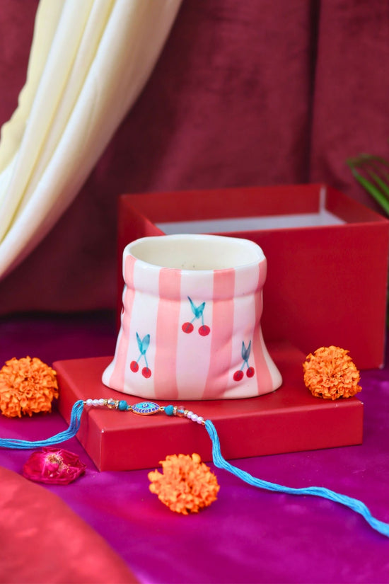 Striped Pouch Mug Rakhi gift box handmade in india