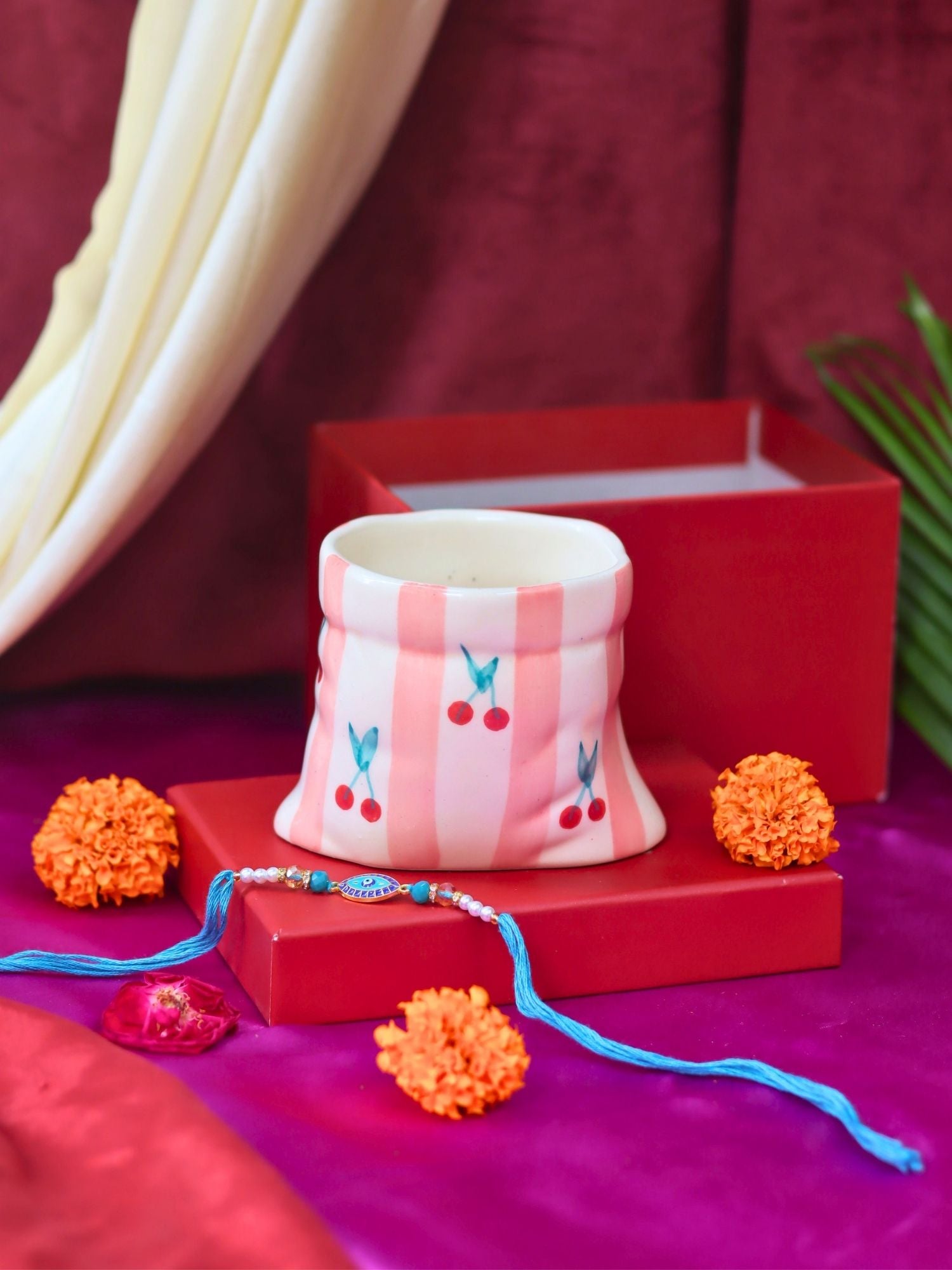 Striped Pouch Mug Rakhi gift box handmade in india