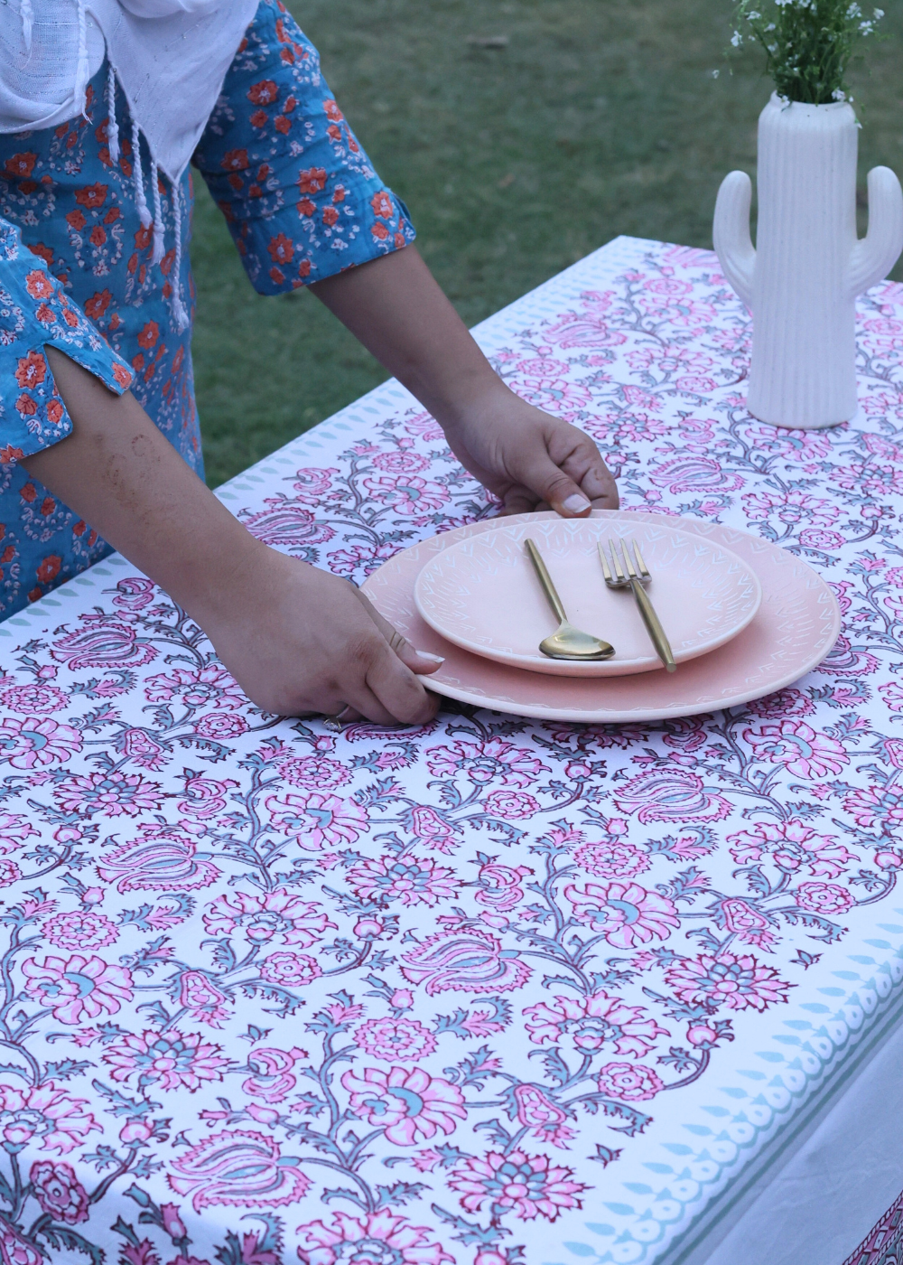 Peony block printed table cloth