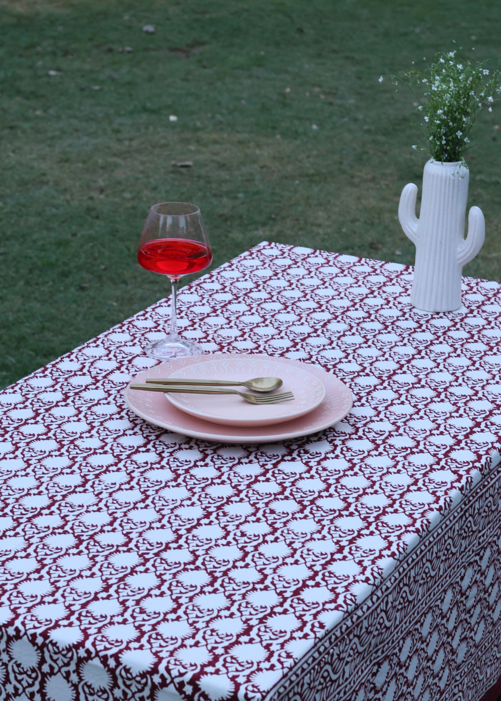 maroon block printed table cloth