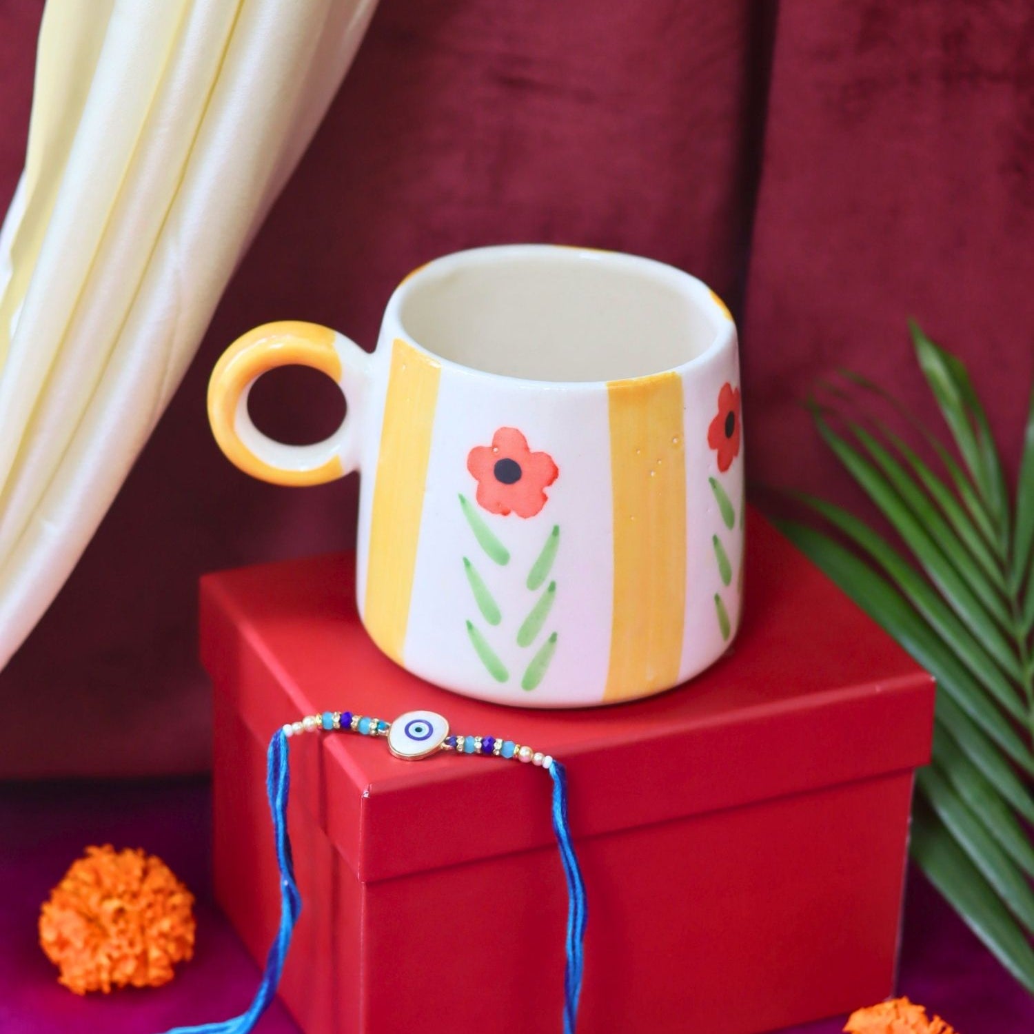 Yellow Blossom Mug Rakhi Gift box made by ceramic