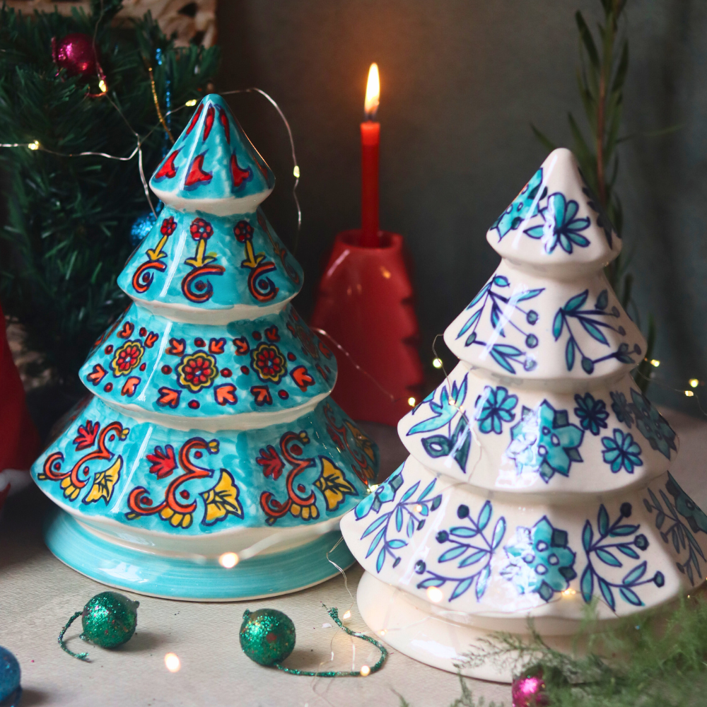 Snow White & Teal Christmas Tree - Set of 2 made by ceramic