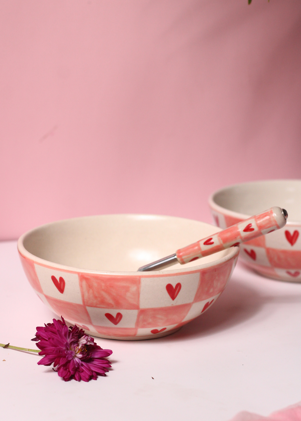 handmade chequered heart bowl with chequered heart spoon