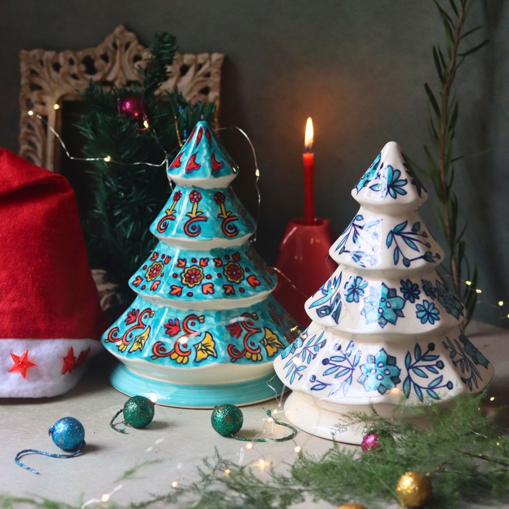 Handmade Snow White & Teal Christmas Tree - Set of 2