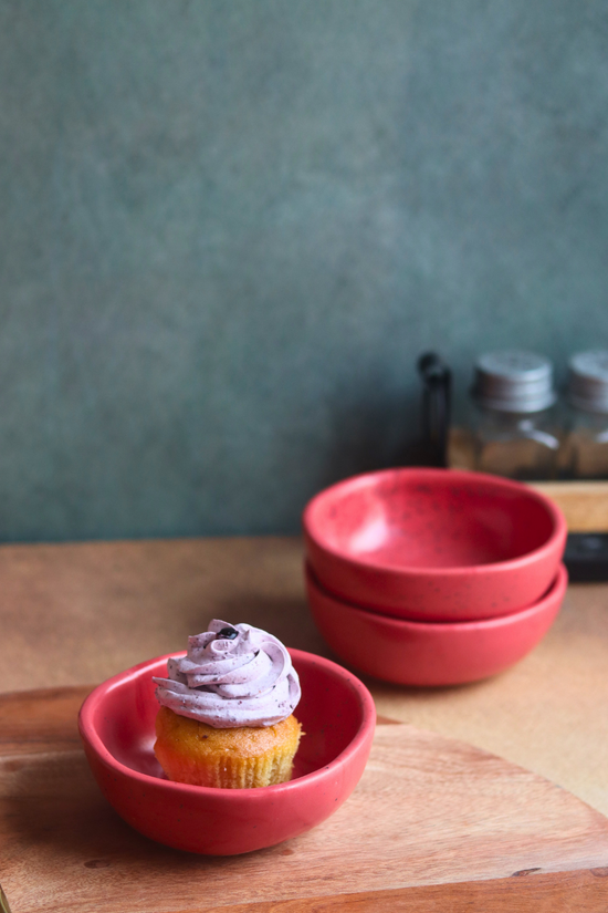 handmade red nut bowl with delicious dessert