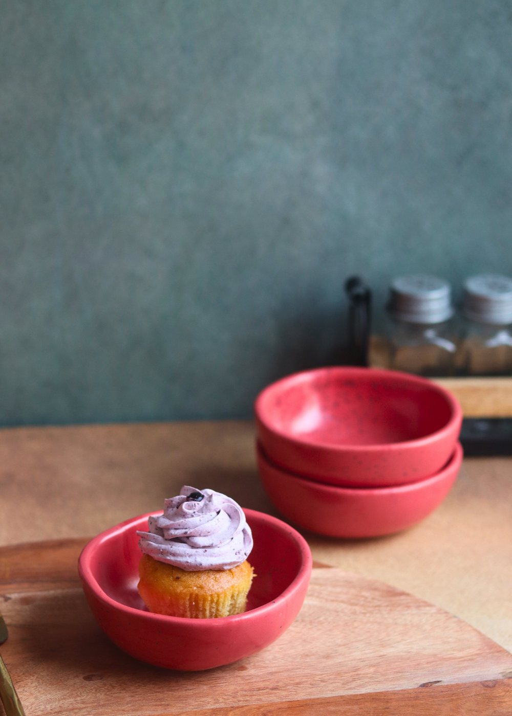 handmade red nut bowl with delicious dessert