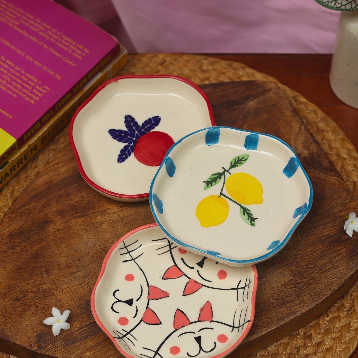 Set of 3 - Anar, Lemon & Cat handmade dessert plates combo made by ceramic