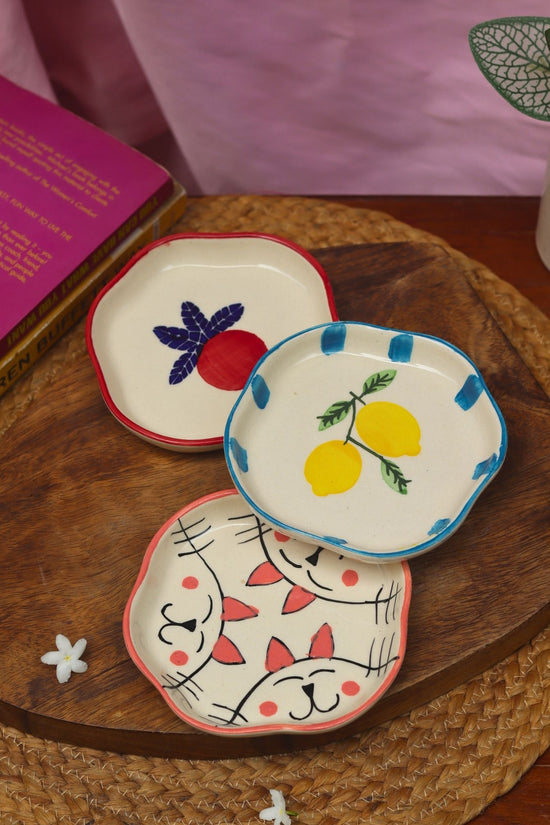 Set of 3 - Anar, Lemon & Cat handmade dessert plates combo made by ceramic