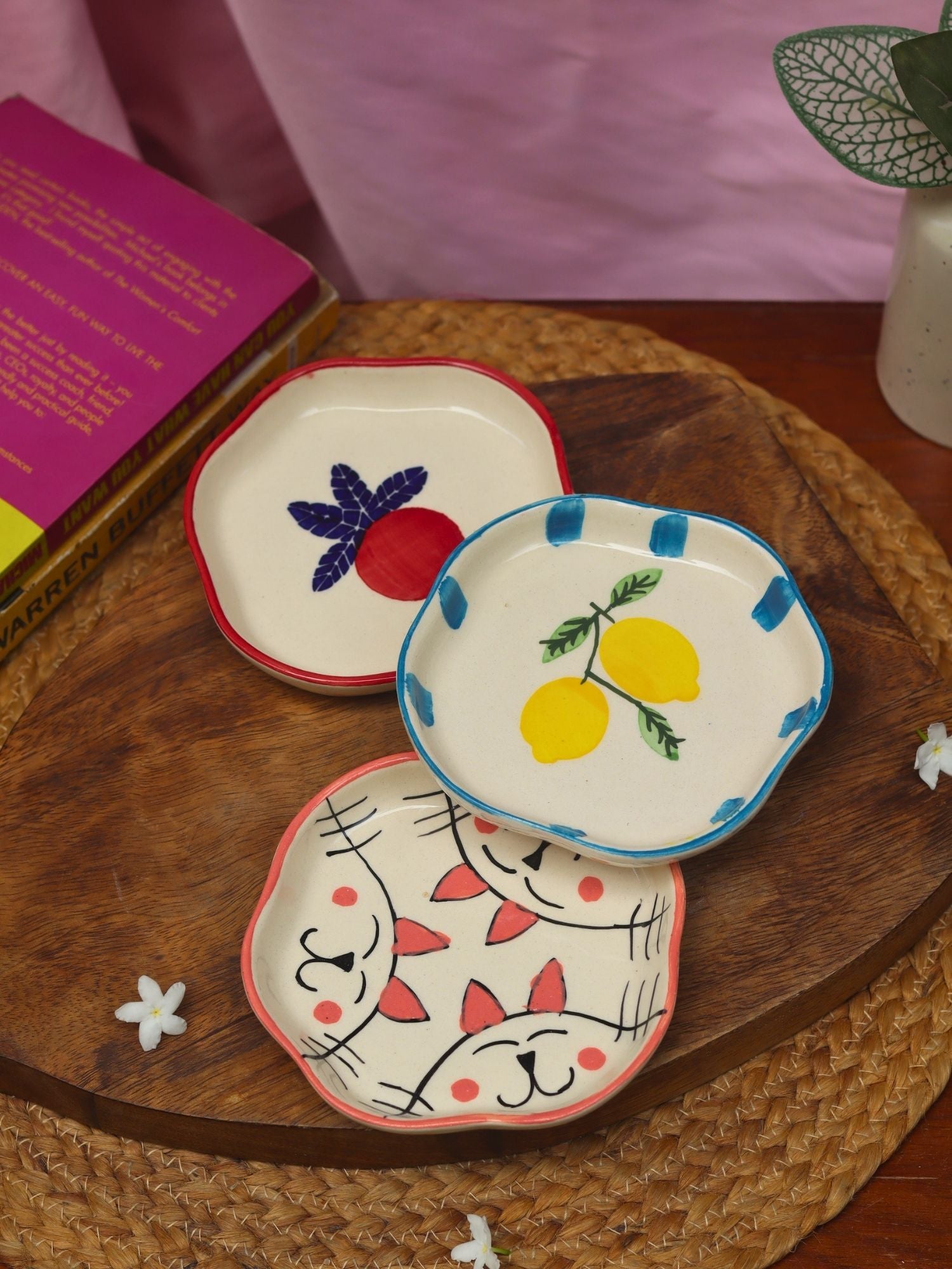 Set of 3 - Anar, Lemon & Cat handmade dessert plates combo made by ceramic
