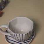 handmade blue lined mug & dessert plate made by ceramic 