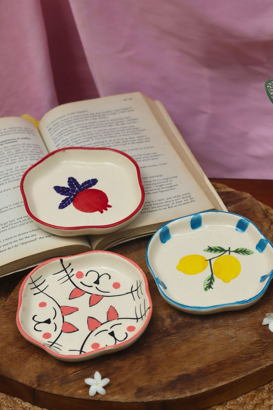 Set of 3 - Anar, Lemon & Cat handmade dessert plates combo with premium quality material