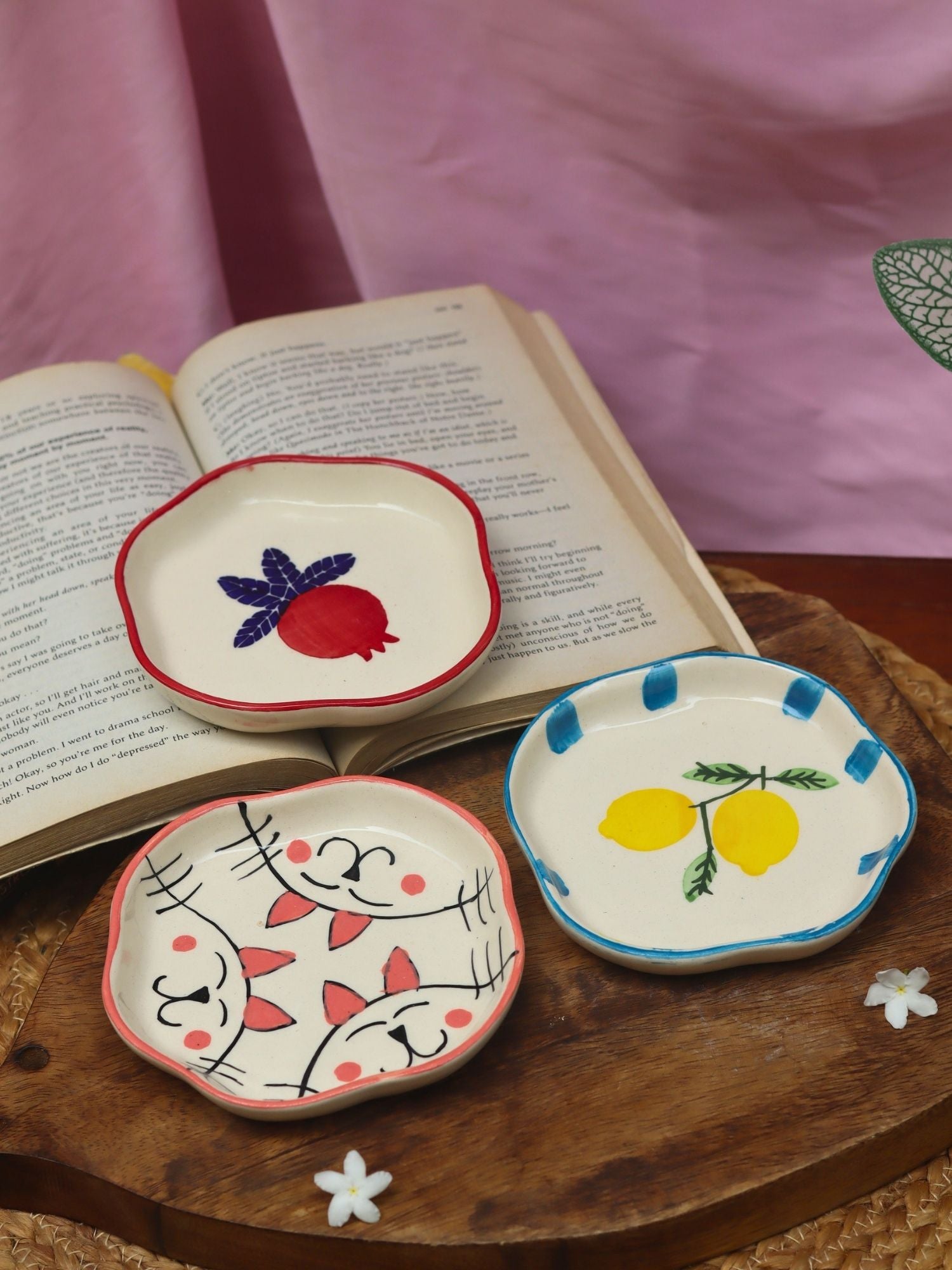 Set of 3 - Anar, Lemon & Cat handmade dessert plates combo with premium quality material