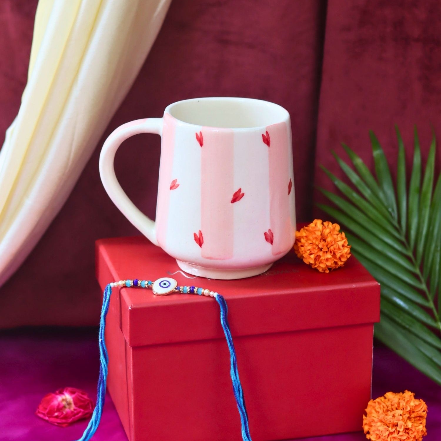 Striped Love Mug Rakhi Gift Box made by ceramic