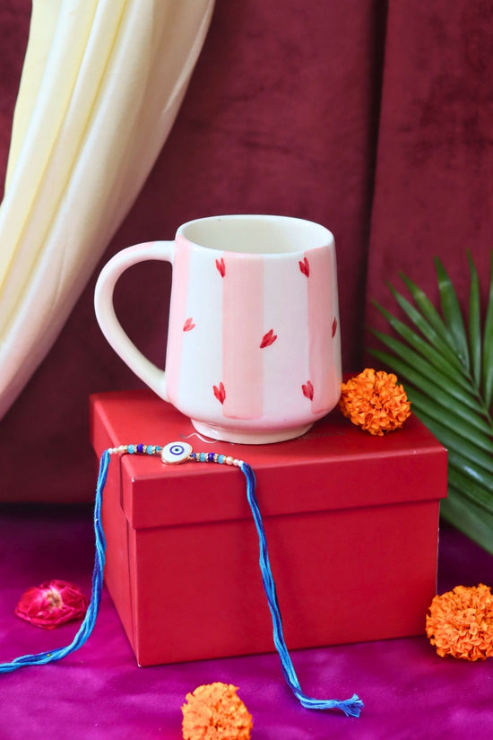 Striped Love Mug Rakhi Gift Box made by ceramic