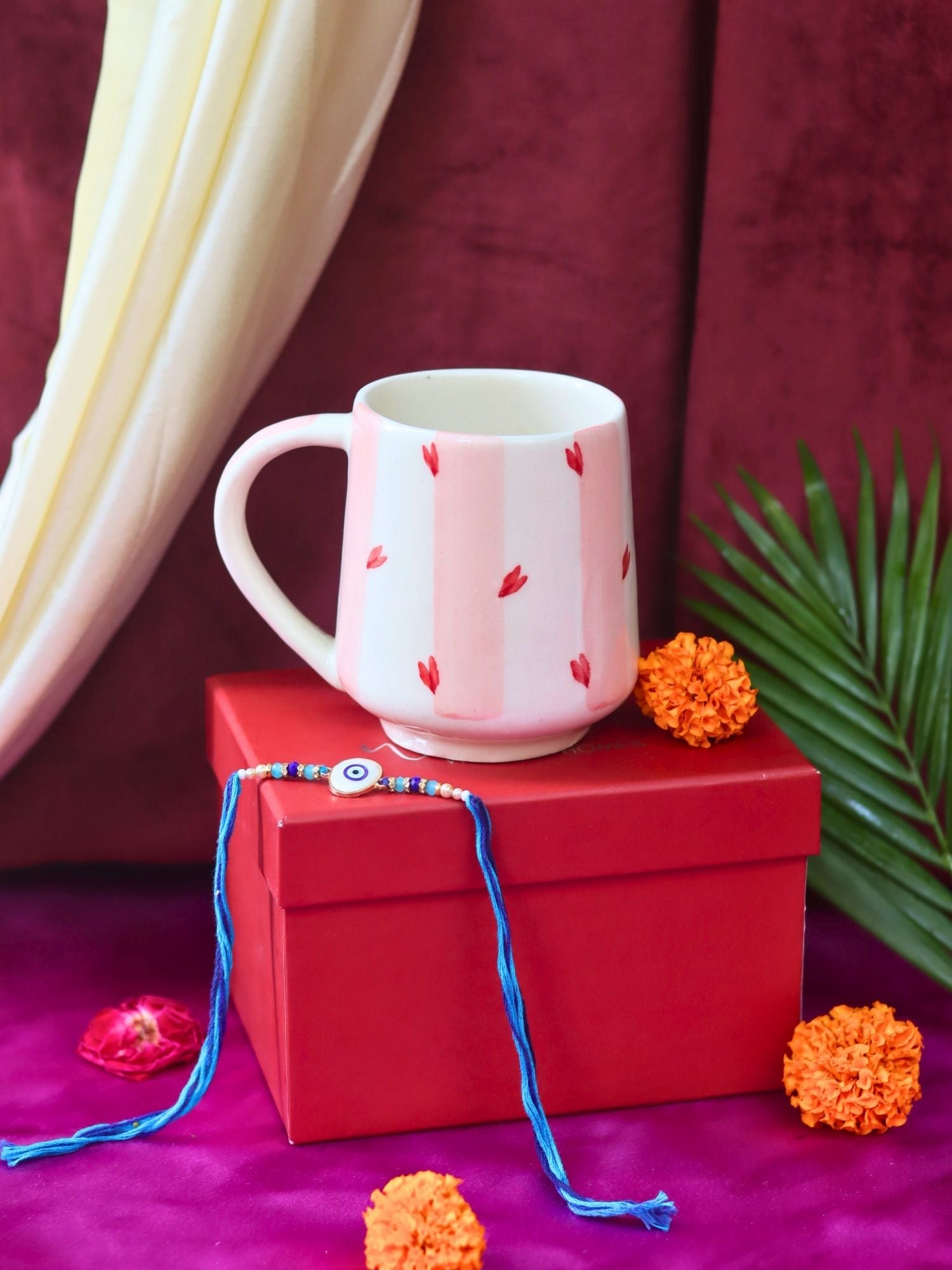 Striped Love Mug Rakhi Gift Box made by ceramic