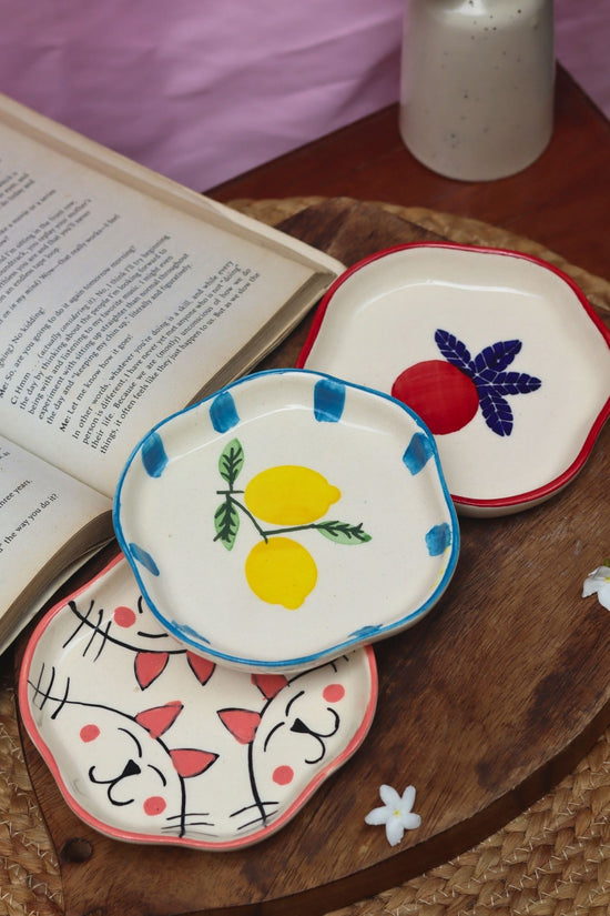 Set of 3 - Anar, Lemon & Cat handmade dessert plates combo handmade in India
