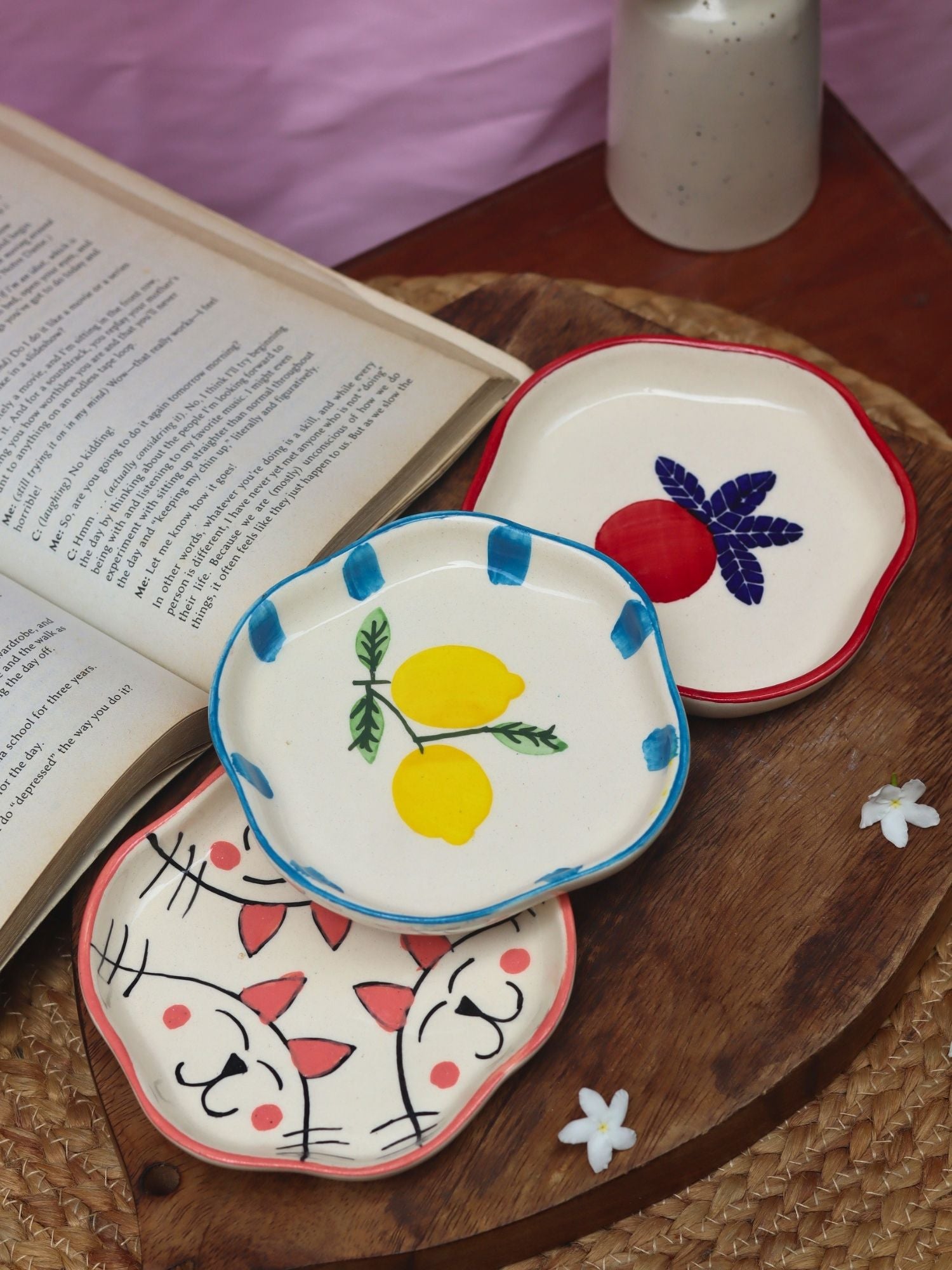 Set of 3 - Anar, Lemon & Cat handmade dessert plates combo handmade in India