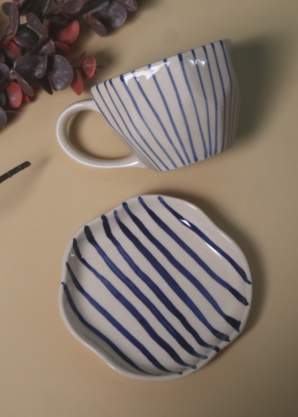 handmade blue lined mugs & blue lined dessert plate with blue & white color
