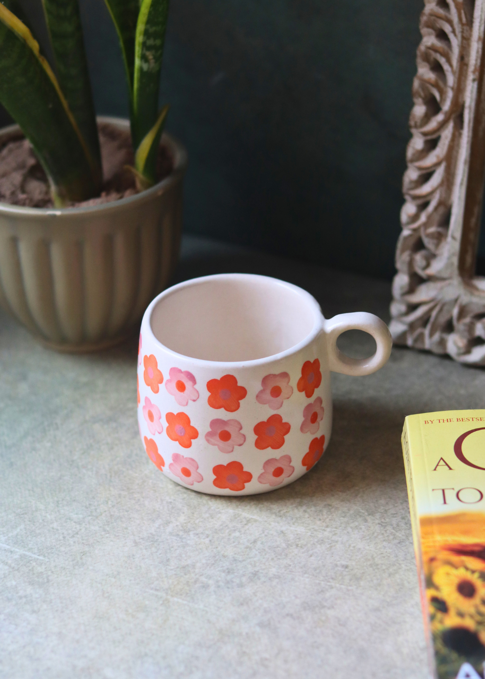Orange floral ceramic coffee mug