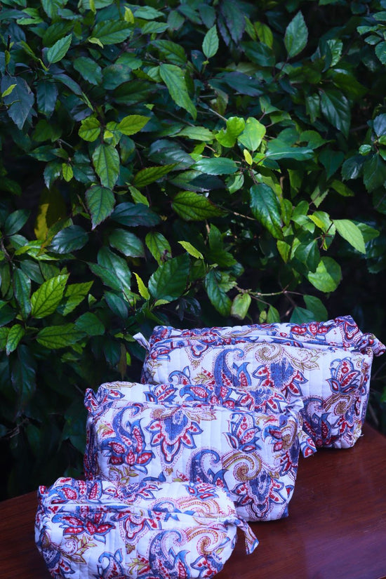 White Paisley Toiletry Bag - Set of 3 handmade in india