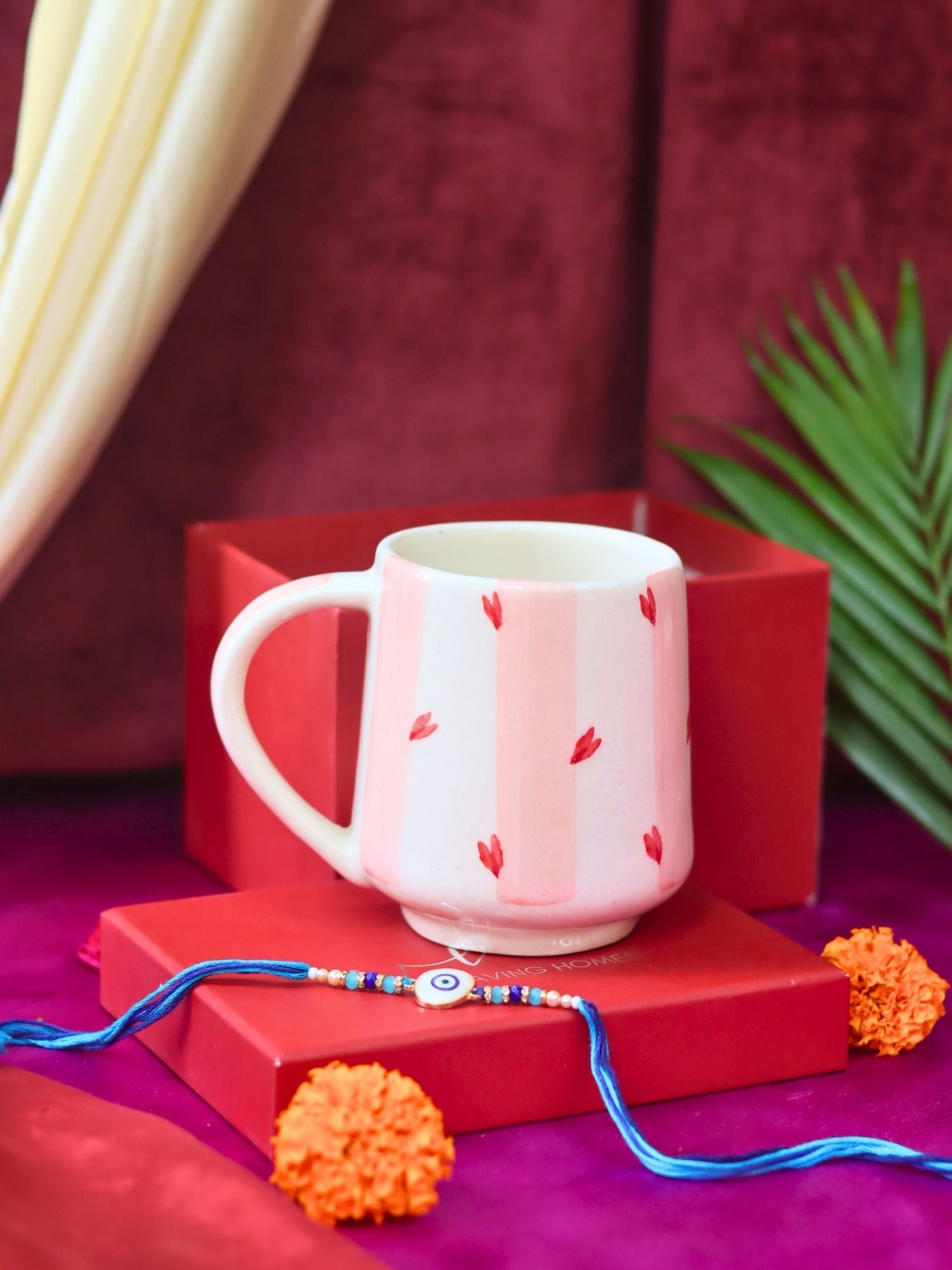 Striped Love Mug Rakhi Gift Box handmade in India