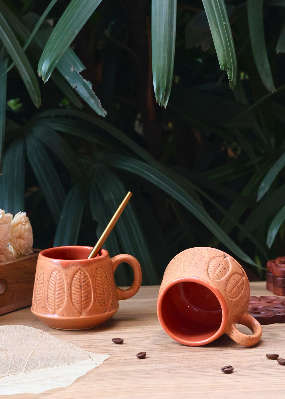 ceramic peach serene leaf coffee mug with premium quality peach color