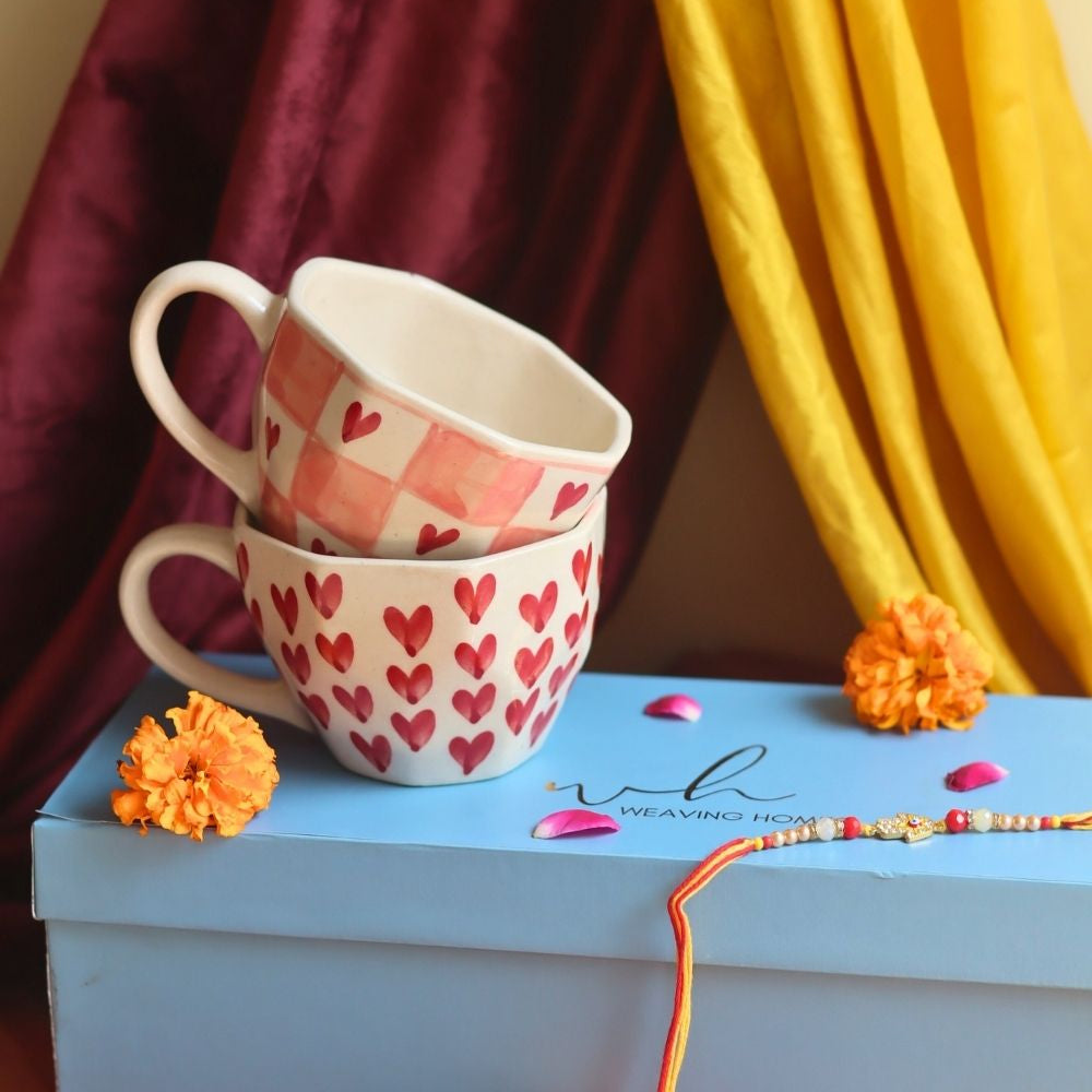 Heart & Chequered Heart in a Gift box with Rakhi handmade in India