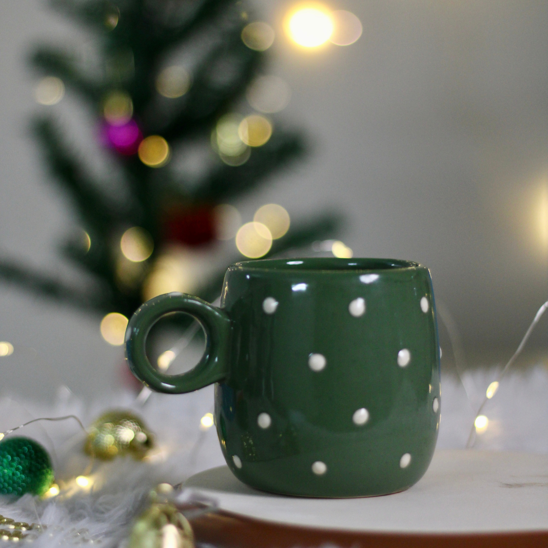 handmade christmas polka mug with small polka design like a snow fall