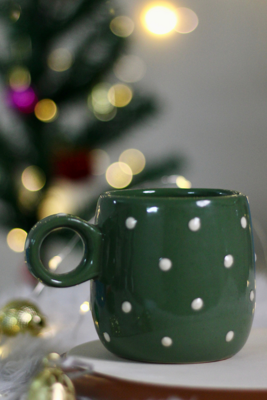 handmade christmas polka mug with small polka design like a snow fall