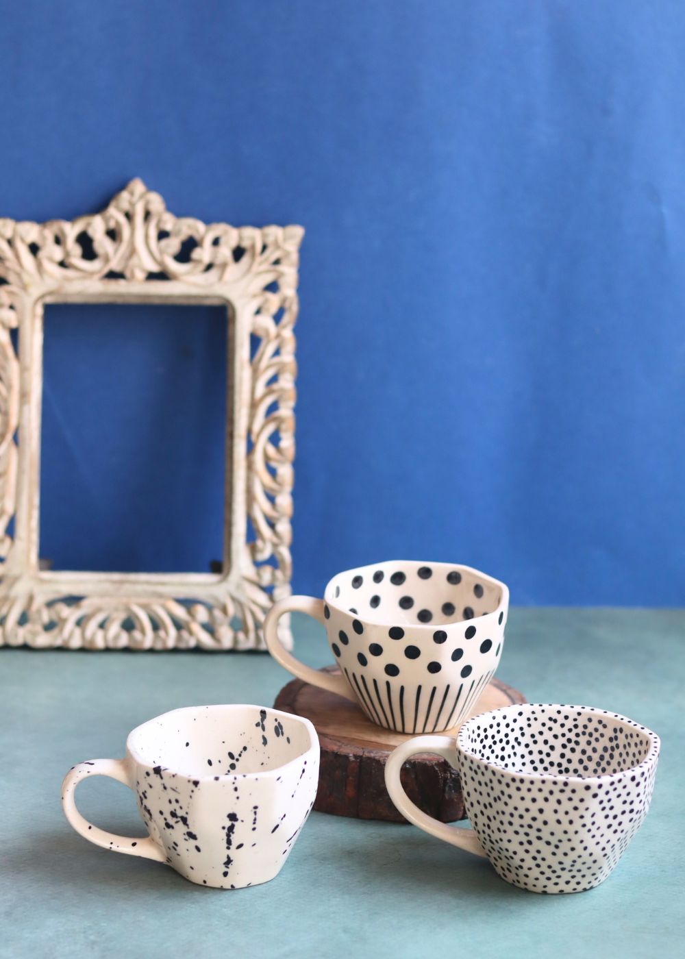 Set of 3 - Black & White Bliss Mugs handmade in India