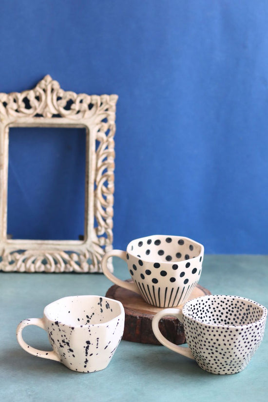 Set of 3 - Black & White Bliss Mugs handmade in India