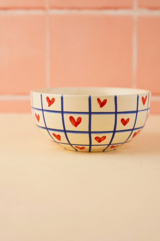 handmade blue chequered heart bowl