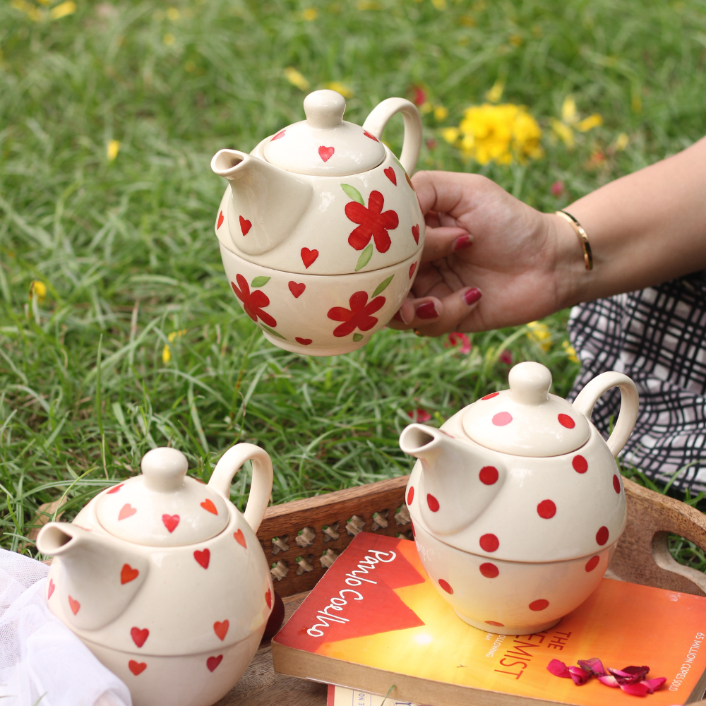 floral, heart & polka tea kettle with tea cup 