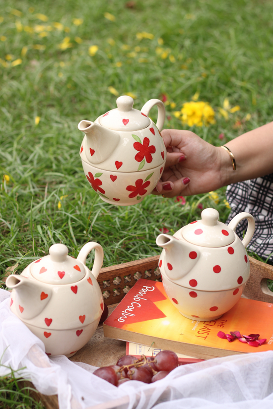 floral, heart & polka tea kettle with tea cup 