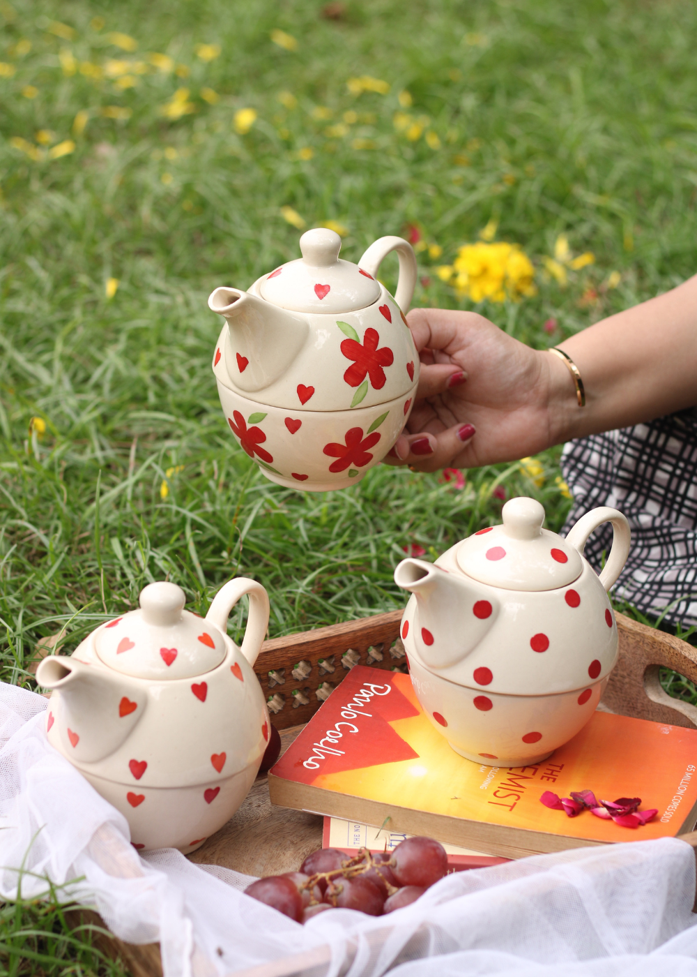 floral, heart & polka tea kettle with tea cup 