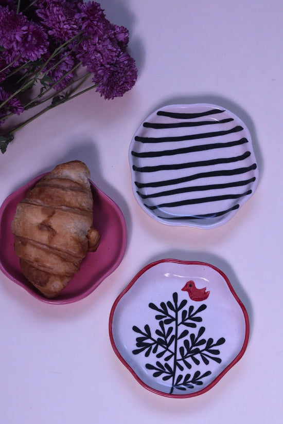 Birdie, Roses & Salmon Pink Handmade Dessert Plate - Set of 3 handmade in india
