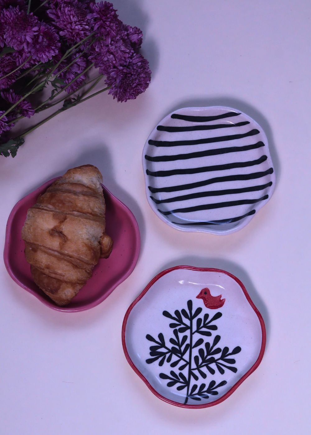 Birdie, Roses & Salmon Pink Handmade Dessert Plate - Set of 3 handmade in india