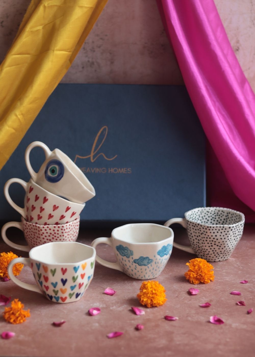 Set of 6 Polka & Heart Bliss Mugs (for the price of 5) Diwali Gift Box premium quality gift hamper