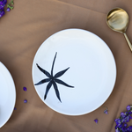 the hemp dinner plate with beautiful black leaf design on white plate