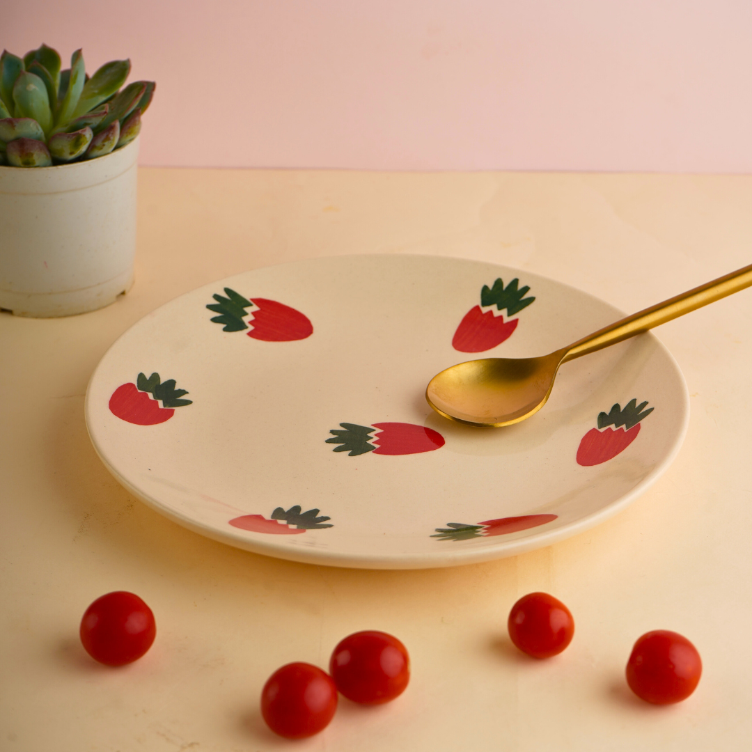 Handmade ceramic red & white plate with spoon