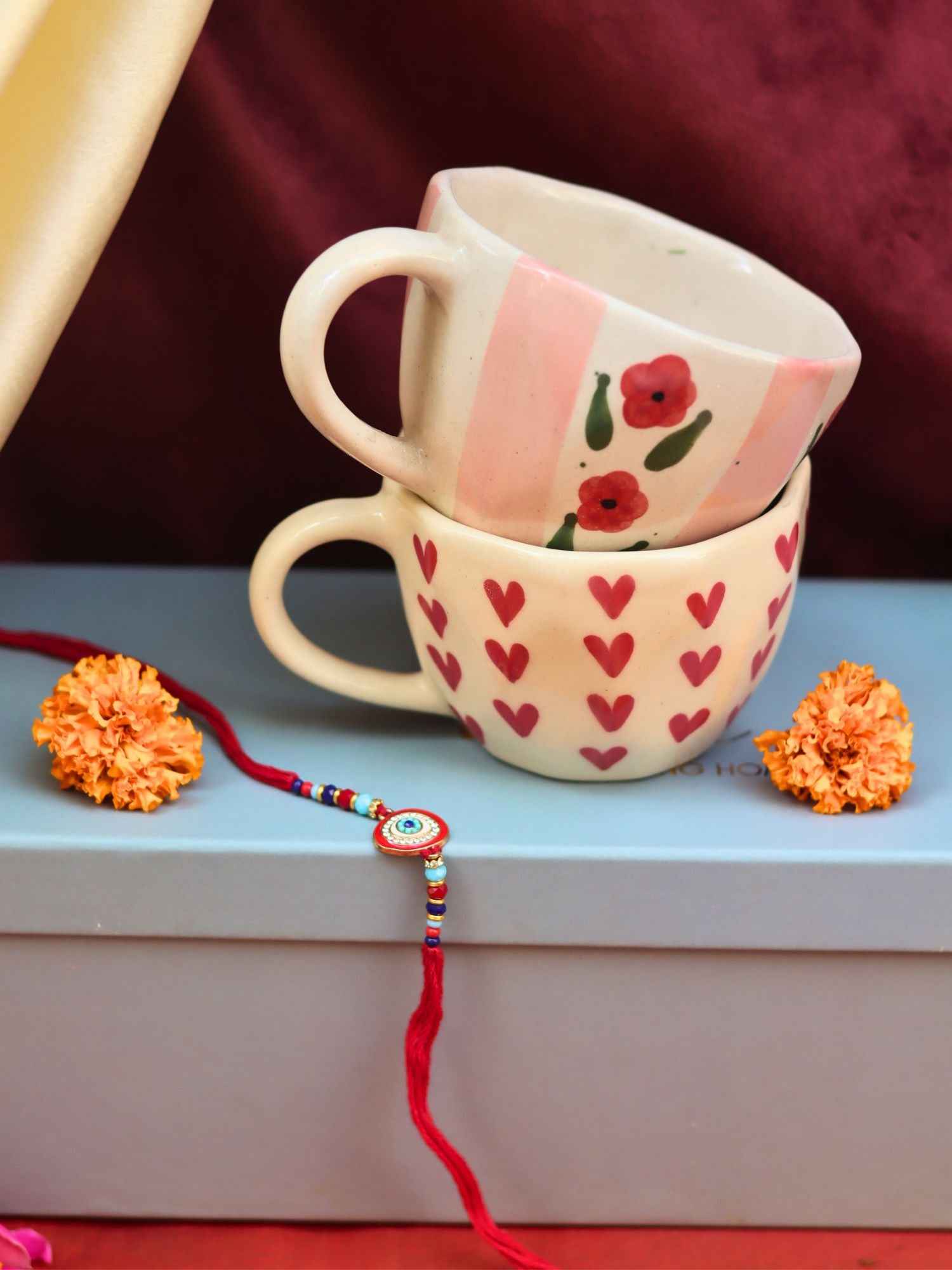 Heart & Pastel tulip Mug rakhi Gift Box